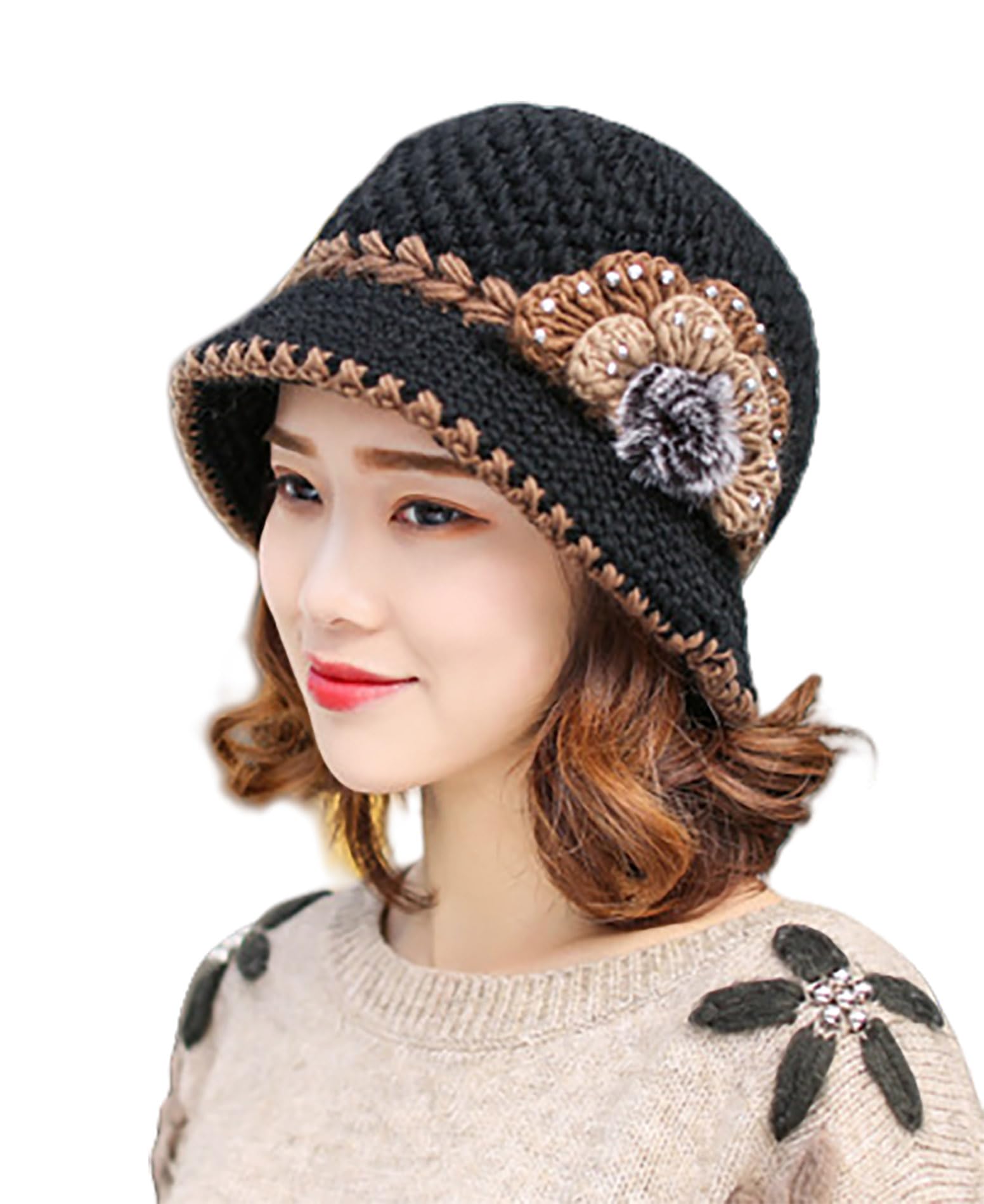 French Thicken Women's Flowers Knitted-Woolen-Hat Fashion Beanie-Hat Lady Crochet-Bucekt-Hat for Winter